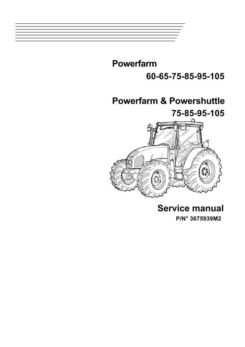 May include: Black and white line drawing of a tractor. The image includes the text "Powerfarm" and "Powerfarm & Powershuttle" with model numbers. The words "Service manual" and a part number are also present.