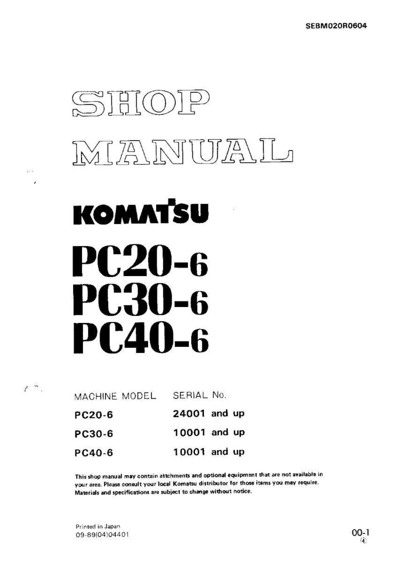 May include: A white shop manual with the text "SHOP MANUAL" and the Komatsu logo. The manual lists PC20-6, PC30-6, and PC40-6 machine models with serial number information. The manual is printed in Japan.