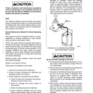 May include: A technical diagram from a fire control system manual, detailing inspection and maintenance schedules. The image includes diagrams of components, safety warnings, and instructions for removing and disconnecting a squib cartridge.