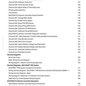 May include: A detailed list of functions and features for a BALETRAK Pro Monitor-Controller system, including channels, electrical diagrams, and operations. The text is in black font on a white background, with page numbers.