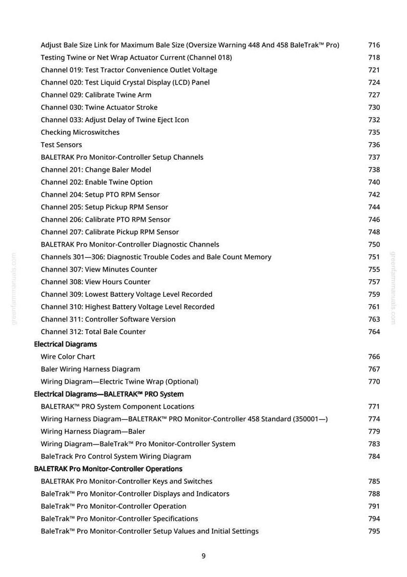 May include: A detailed list of functions and features for a BALETRAK Pro Monitor-Controller system, including channels, electrical diagrams, and operations. The text is in black font on a white background, with page numbers.