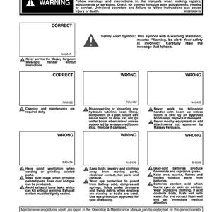 May include: A safety manual page with the title "MAINTENANCE SAFETY" and a warning symbol. The page contains safety instructions, warnings, and diagrams for machinery maintenance, including text about avoiding hazards and following procedures.