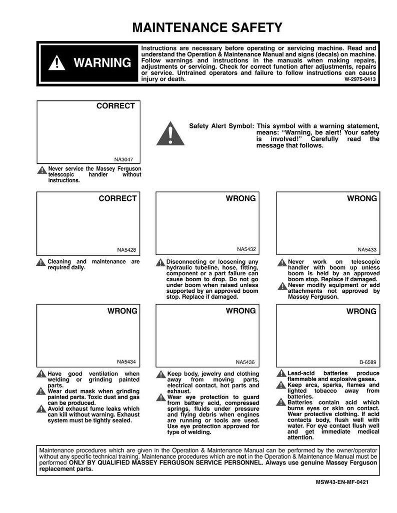 May include: A safety manual page with the title "MAINTENANCE SAFETY" and a warning symbol. The page contains safety instructions, warnings, and diagrams for machinery maintenance, including text about avoiding hazards and following procedures.