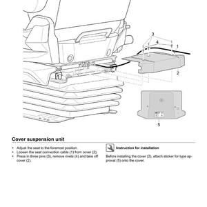 May include: Diagram of a cover suspension unit with numbered parts and installation instructions. The image includes a detailed view of the unit's components, including screws, rivets, and a cover. Text includes "COVER SUSPENSION UNIT" and instructions.