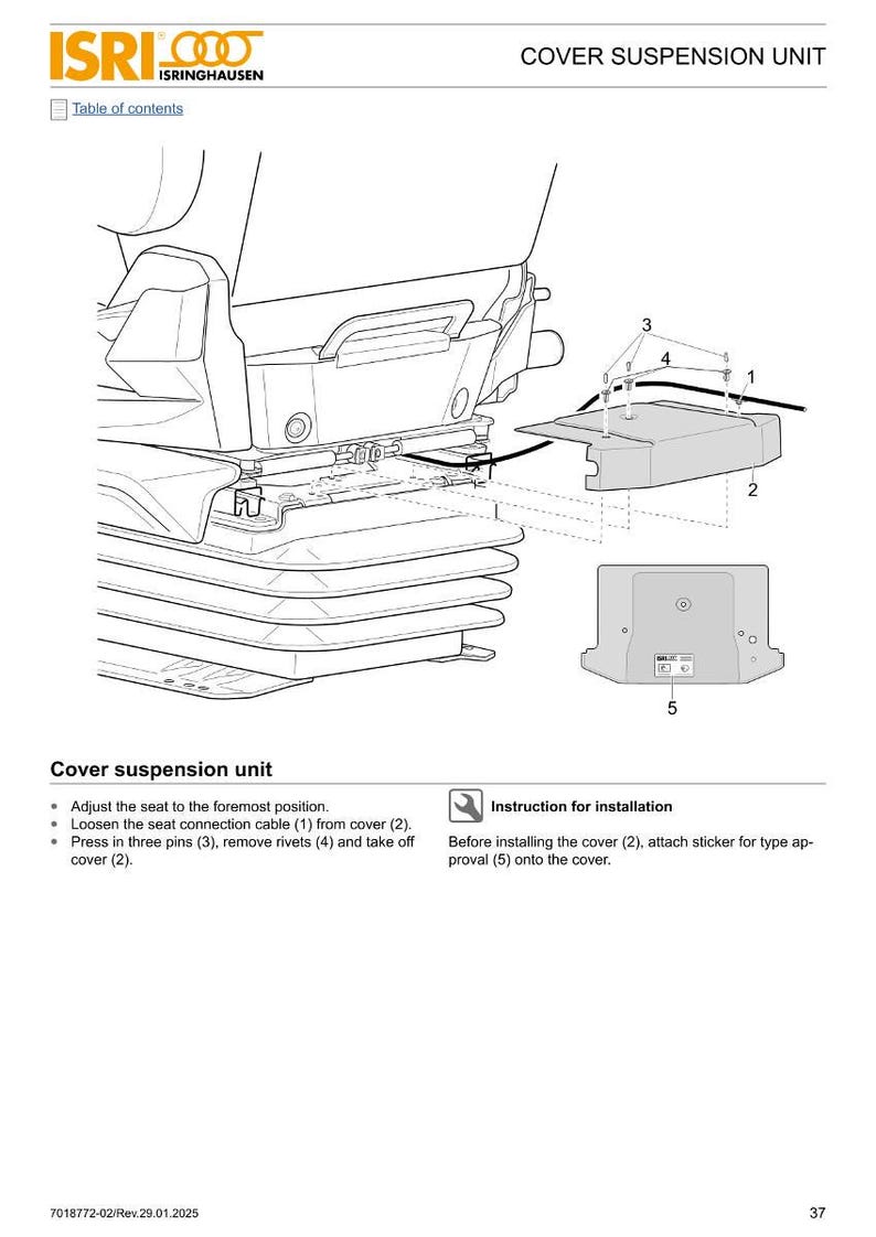 May include: Diagram of a cover suspension unit with numbered parts and installation instructions. The image includes a detailed view of the unit's components, including screws, rivets, and a cover. Text includes "COVER SUSPENSION UNIT" and instructions.