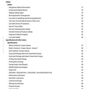 May include: A white page titled "Table of Contents" from a manual. The table lists topics including safety, specifications, and engine maintenance. Page numbers are on the right side.