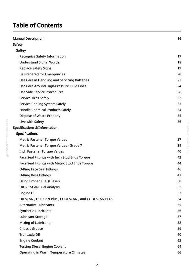 May include: A white page titled "Table of Contents" from a manual. The table lists topics including safety, specifications, and engine maintenance. Page numbers are on the right side.