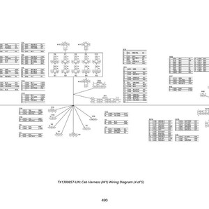 Peut inclure: Un sch&eacute;ma de c&acirc;blage en noir et blanc intitul&eacute; TX1300857-UN: Cab Harness (WT) Wiring Diagram (4 of 5). Le sch&eacute;ma comprend des symboles, des lignes et des zones de texte, avec le num&eacute;ro 490 en bas.