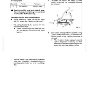 May include: A page from a manual detailing the testing of the accelerator pedal operating force. The text includes instructions, diagrams, and a table with the part name and number for a push-pull scale.