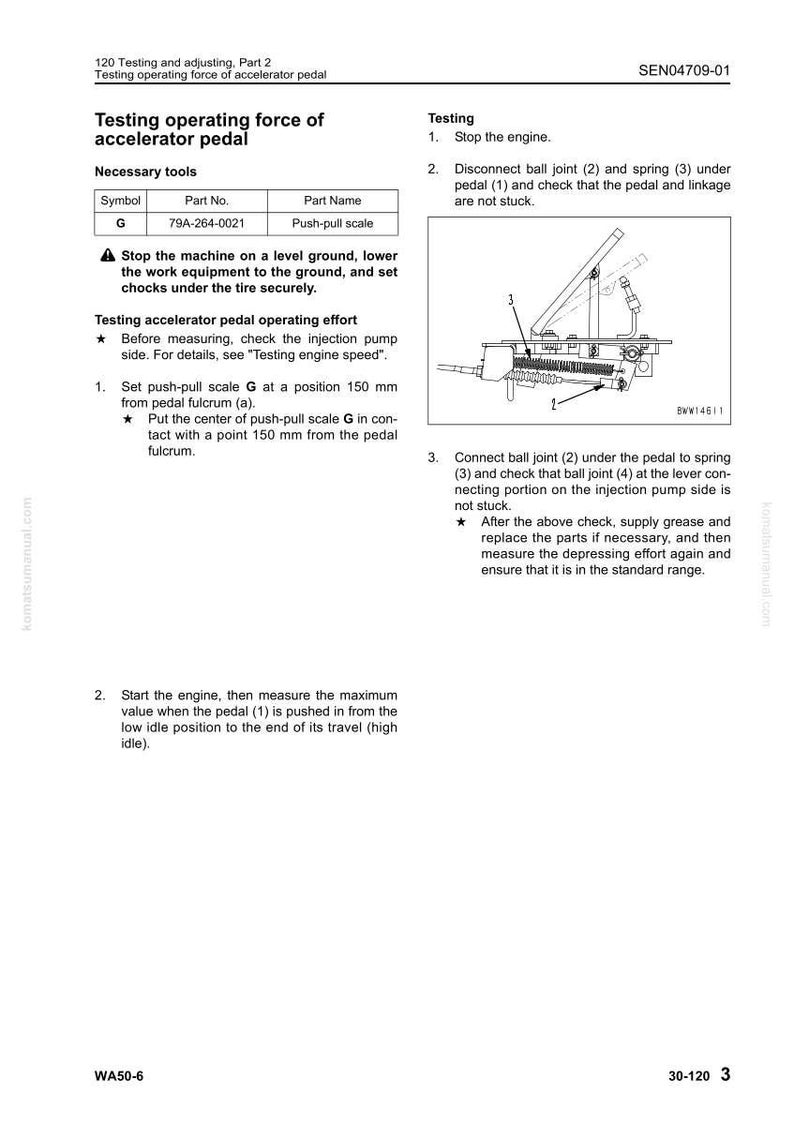 May include: A page from a manual detailing the testing of the accelerator pedal operating force. The text includes instructions, diagrams, and a table with the part name and number for a push-pull scale.
