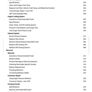 May include: A page from a manual with a table of contents. The text includes sections on diesel fuel, engine cooling, exhaust, electrical, and connector repair. Page numbers are listed on the right side.