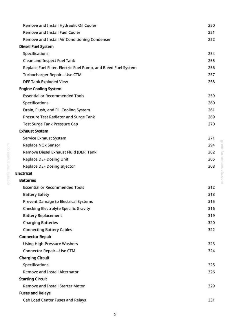 May include: A page from a manual with a table of contents. The text includes sections on diesel fuel, engine cooling, exhaust, electrical, and connector repair. Page numbers are listed on the right side.