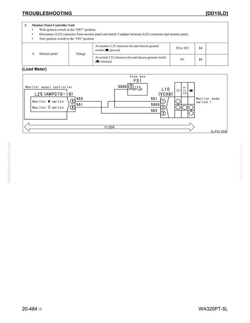 May include: Diagram of a troubleshooting guide for a monitor panel controller unit. The diagram includes a fuse box, voltage readings, and a monitor mode switch. Text includes "Troubleshooting" and "Monitor Panel Controller Unit".