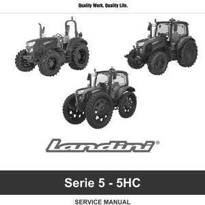 Op de afbeelding: Een omslag van een servicehandleiding met drie Landini-tractoren. De tractoren zijn donkergrijs met grote banden. De tekst "ARGO TRACTORS" en "Quality Work. Quality Life." staan bovenaan. Het Landini-logo en "Serie 5 - 5HC" zijn ook zichtbaar.