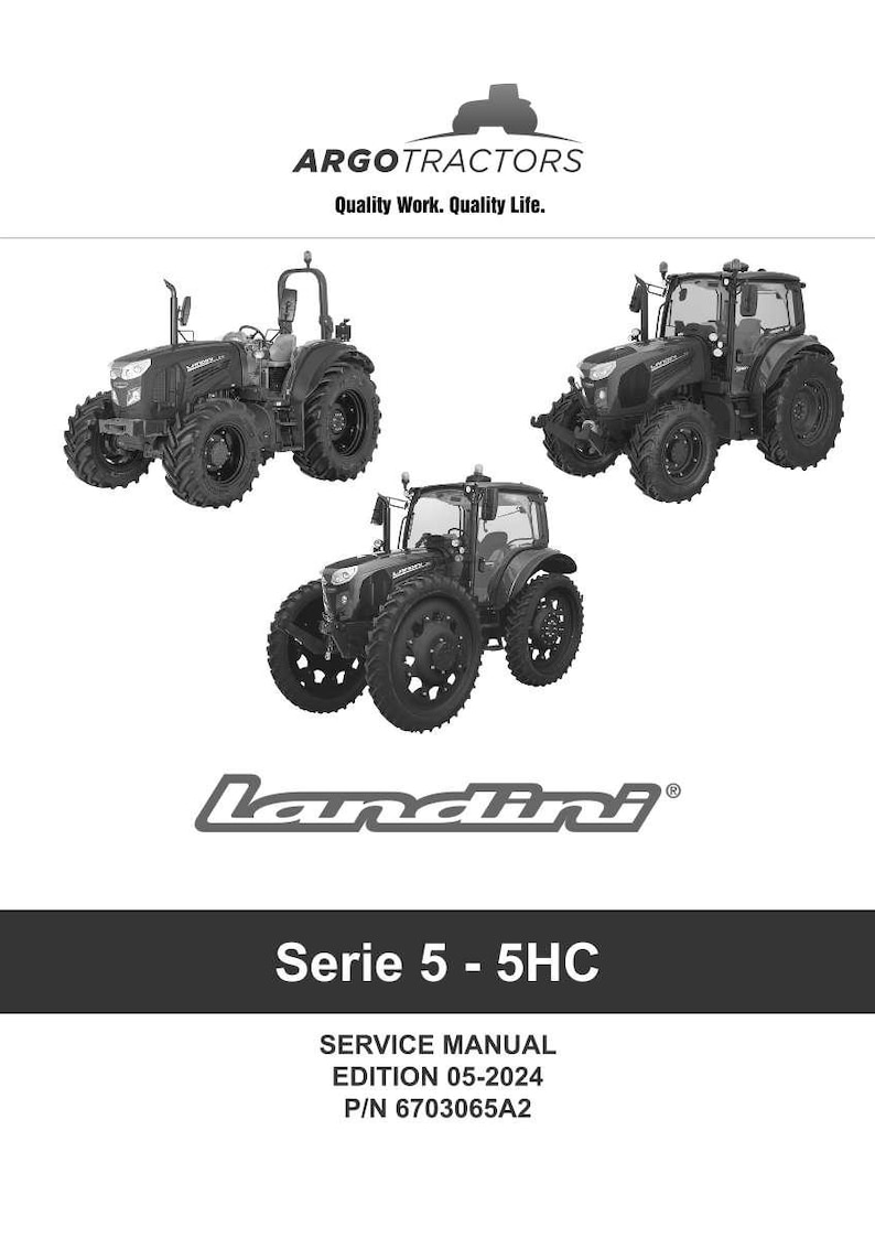 Op de afbeelding: Een omslag van een servicehandleiding met drie Landini-tractoren. De tractoren zijn donkergrijs met grote banden. De tekst "ARGO TRACTORS" en "Quality Work. Quality Life." staan bovenaan. Het Landini-logo en "Serie 5 - 5HC" zijn ook zichtbaar.