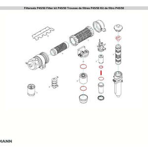K&ouml;nnte beinhalten: Eine Explosionszeichnung eines Filtersatzes mit der Bezeichnung "Filtersatz P45/50 Filter kit P45/50". Das Bild zeigt verschiedene Komponenten, darunter zylindrische Filter, rote O-Ringe und andere mechanische Teile. Das Weidemann-Logo befindet sich unten links.