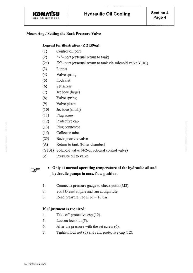 May include: A technical diagram from Komatsu Mining Germany detailing hydraulic oil cooling. The document includes a legend for illustration, setting instructions, and a list of components such as valve springs, jet bores, and plug connectors.