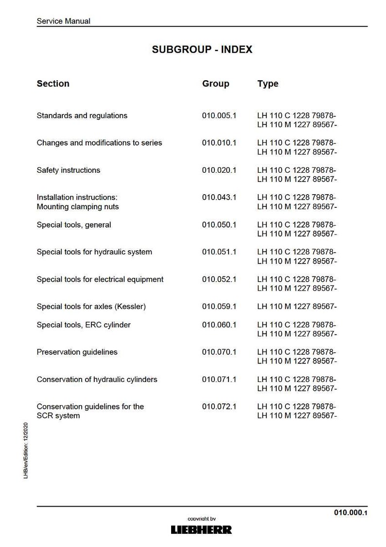 May include: A white service manual page titled "SUBGROUP - INDEX" with a table listing sections, groups, and types. Sections include standards, safety instructions, and special tools. The Liebherr logo is at the bottom.