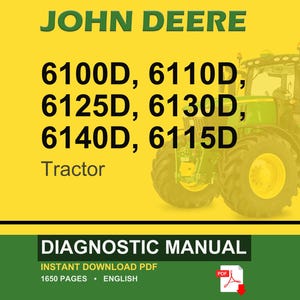 May include: A John Deere diagnostic manual cover featuring a green tractor on a yellow background. The text includes "JOHN DEERE" in green, tractor model numbers, and "DIAGNOSTIC MANUAL". The manual is 1650 pages.