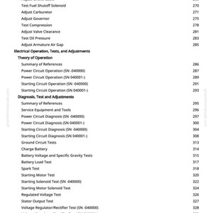 May include: A manual page detailing specifications and tests, such as "Adjust Throttle Cable," "Test Fuel Shutoff Solenoid," and "Battery Load Test." Page numbers range from 266 to 333.
