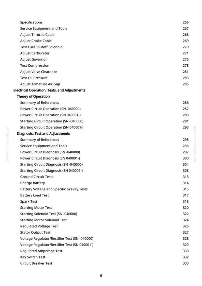 May include: A manual page detailing specifications and tests, such as "Adjust Throttle Cable," "Test Fuel Shutoff Solenoid," and "Battery Load Test." Page numbers range from 266 to 333.