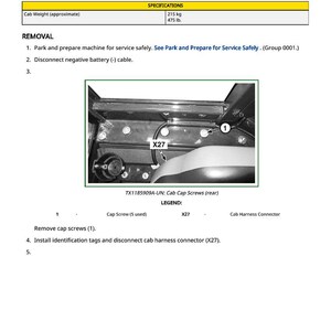 Puede incluir: Diagrama para la extracci&oacute;n e instalaci&oacute;n de la cabina, con especificaciones de peso (215 kg). La imagen muestra los pasos de extracci&oacute;n, incluyendo la desconexi&oacute;n del cable de la bater&iacute;a y la extracci&oacute;n de los tornillos.