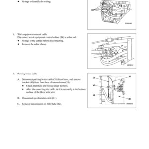 May include: Diagram of automotive parts with labels and instructions for disassembly and assembly. Includes illustrations of wiring, cables, and a parking brake cable. Text includes "DISASSEMBLY AND ASSEMBLY" and "CENTER HINGE PIN".