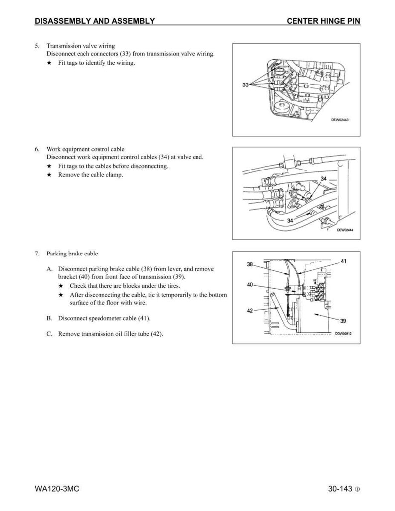 May include: Diagram of automotive parts with labels and instructions for disassembly and assembly. Includes illustrations of wiring, cables, and a parking brake cable. Text includes "DISASSEMBLY AND ASSEMBLY" and "CENTER HINGE PIN".