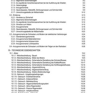 May include: A detailed table of contents from a technical manual, featuring a list of topics and subtopics related to automotive technology. The text is organized in a hierarchical format, with page numbers for each section. The document is in German.