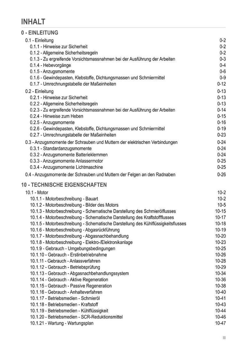 May include: A detailed table of contents from a technical manual, featuring a list of topics and subtopics related to automotive technology. The text is organized in a hierarchical format, with page numbers for each section. The document is in German.