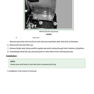 May include: Diagram of a machine component with the text "MXT012720-UN: Cap Screws" and instructions for removing and installing parts. The image includes close-ups of cap screws and other components.
