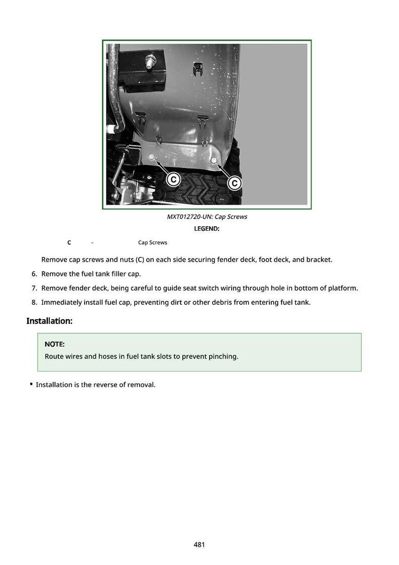 May include: Diagram of a machine component with the text "MXT012720-UN: Cap Screws" and instructions for removing and installing parts. The image includes close-ups of cap screws and other components.