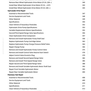 Puede incluir: Una lista detallada de los procedimientos de reparaci&oacute;n para los sistemas de accionamiento hidrost&aacute;tico y buje planetario. El texto incluye instrucciones espec&iacute;ficas para la extracci&oacute;n e instalaci&oacute;n de varios componentes.