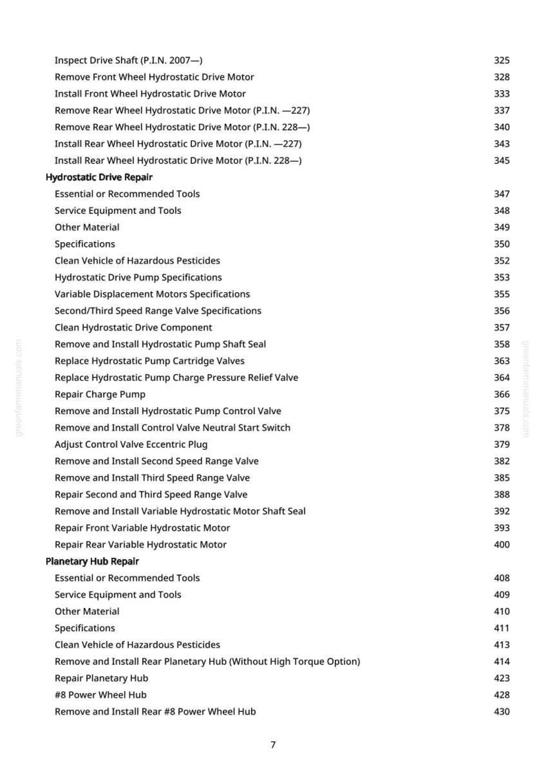 Puede incluir: Una lista detallada de los procedimientos de reparaci&oacute;n para los sistemas de accionamiento hidrost&aacute;tico y buje planetario. El texto incluye instrucciones espec&iacute;ficas para la extracci&oacute;n e instalaci&oacute;n de varios componentes.