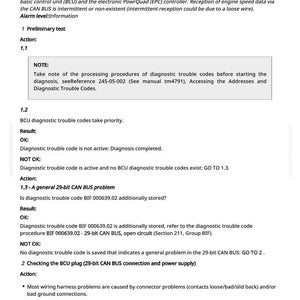 May include: A page from a manual with the title "EPC 306060.31 - BCU Sends No Data (Engine Speed)". The text describes diagnostic procedures for engine speed data issues, including CAN BUS problems and troubleshooting steps.