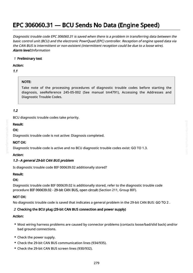 May include: A page from a manual with the title "EPC 306060.31 - BCU Sends No Data (Engine Speed)". The text describes diagnostic procedures for engine speed data issues, including CAN BUS problems and troubleshooting steps.