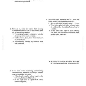 May include: A page from a manual detailing the removal and installation of operator's cab glass. Instructions include using a scraper, removing oil and dust, and applying adhesive tape. Text is in black on a white background.
