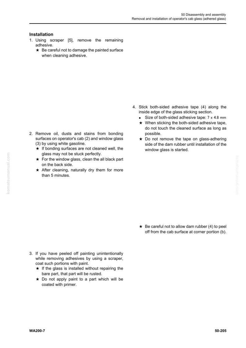 May include: A page from a manual detailing the removal and installation of operator's cab glass. Instructions include using a scraper, removing oil and dust, and applying adhesive tape. Text is in black on a white background.