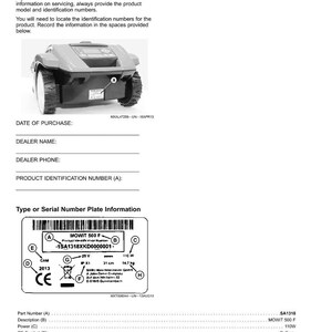 Op de afbeelding: Productidentificatiedocument met een afbeelding van een robotmaaier. Bevat velden voor aankoopdatum, dealerinformatie en productidentificatienummer. Een typeplaatje toont technische specificaties, waaronder 31 cm en 14,7 kg.