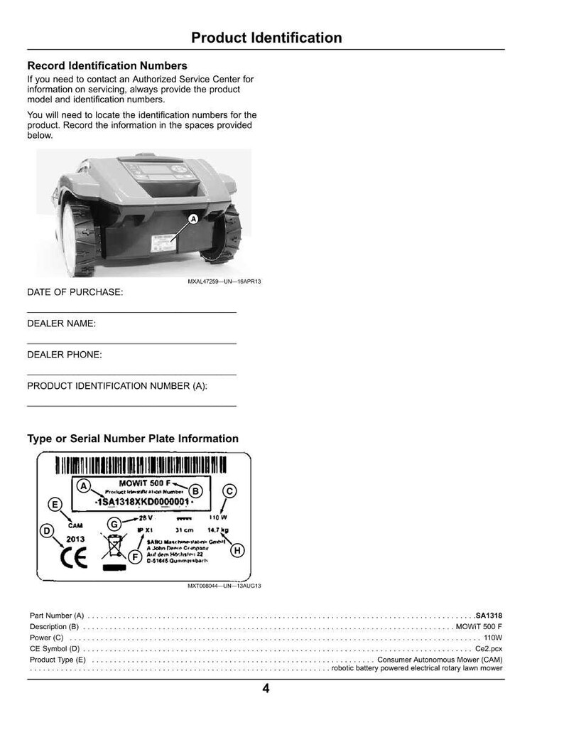 Op de afbeelding: Productidentificatiedocument met een afbeelding van een robotmaaier. Bevat velden voor aankoopdatum, dealerinformatie en productidentificatienummer. Een typeplaatje toont technische specificaties, waaronder 31 cm en 14,7 kg.