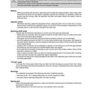 May include: A page from a manual with the title "GENERAL INSTRUCTIONS" and various sections including "WARNING", "Battery", "Adjuster shims", "Spinning shaft seals", "O-ring seals", "Bearings", and "Spring pins".