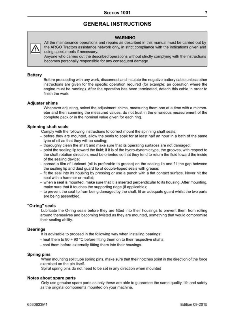 May include: A page from a manual with the title "GENERAL INSTRUCTIONS" and various sections including "WARNING", "Battery", "Adjuster shims", "Spinning shaft seals", "O-ring seals", "Bearings", and "Spring pins".