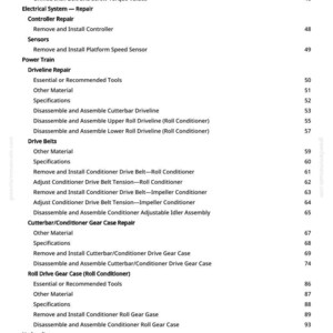 Puede incluir: Una p&aacute;gina de manual con un &iacute;ndice. El texto incluye temas como "Torques for Hardware", "Driveline Repair" y "Roll Drive Gear Case". Los n&uacute;meros de p&aacute;gina se enumeran a la derecha.