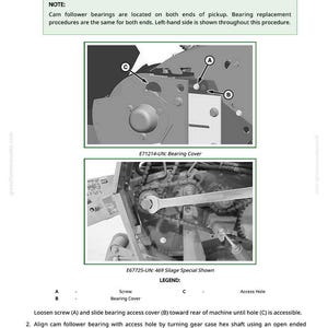 May include: Diagram illustrating the replacement of cam follower bearings. The image includes detailed views of machinery components, labeled with letters for reference. Text provides instructions for the replacement process, including loosening screws and aligning parts.