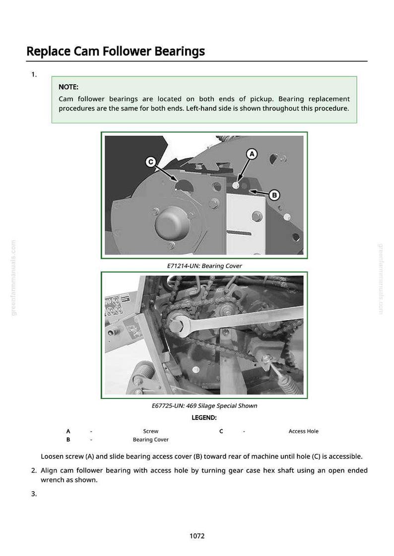 May include: Diagram illustrating the replacement of cam follower bearings. The image includes detailed views of machinery components, labeled with letters for reference. Text provides instructions for the replacement process, including loosening screws and aligning parts.