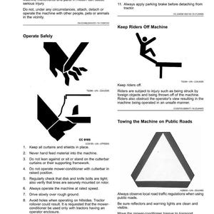 May include: Safety guidelines for machinery operation. Features diagrams and text warnings about maintaining a safe area, operating safely, and keeping riders off the machine. Also includes instructions for towing the machine on public roads.