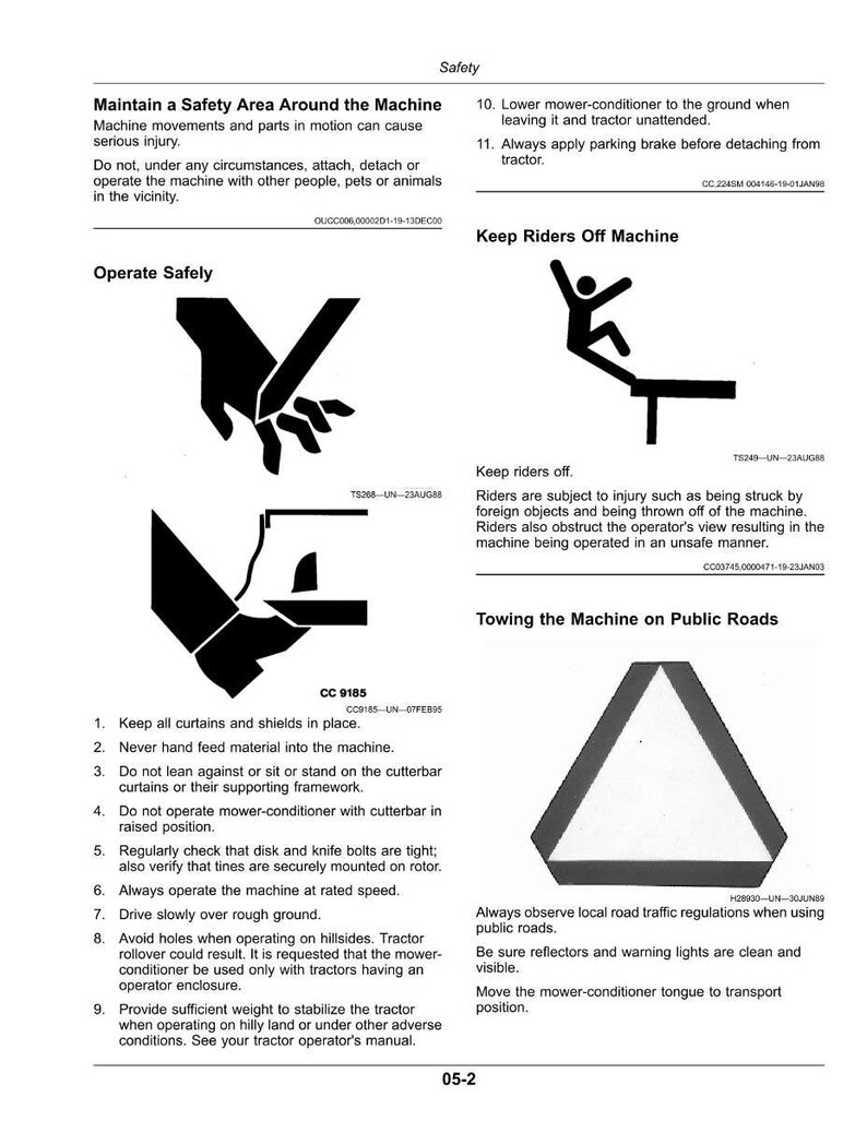 May include: Safety guidelines for machinery operation. Features diagrams and text warnings about maintaining a safe area, operating safely, and keeping riders off the machine. Also includes instructions for towing the machine on public roads.