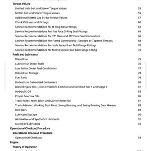 May include: A page from a manual with a table of contents. The headings include "Torque Values", "Fuels and Lubricants", and "Operational Checkout Procedure". The page numbers are listed on the right side.