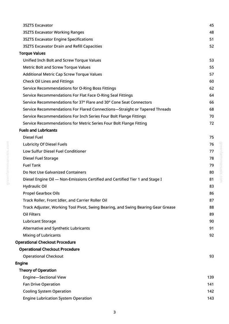 May include: A page from a manual with a table of contents. The headings include "Torque Values", "Fuels and Lubricants", and "Operational Checkout Procedure". The page numbers are listed on the right side.