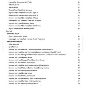 May include: A detailed contents page from a manual, listing components and procedures. Sections include Wings, Wheels, Electrical, Connector Repair, Sensors, and Switches. Page numbers are on the right.